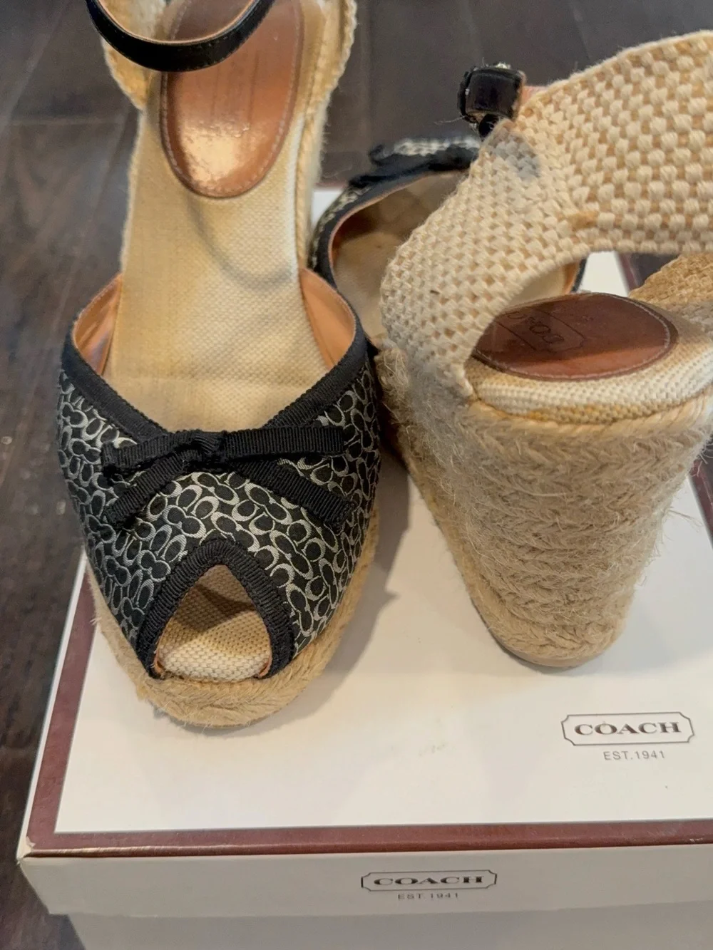 Coach Black Signature Canvas Peep-Toe Espadrille Wedges